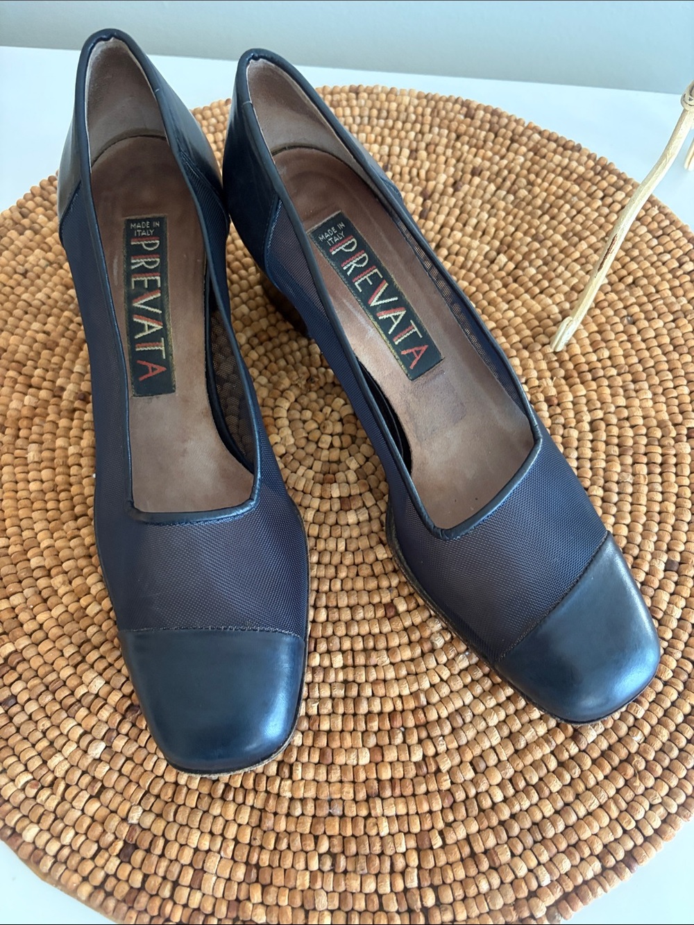 Prevata Italian Made Navy Leather and Mesh Block Heel
